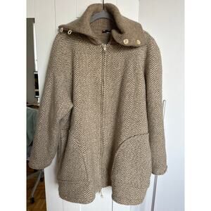 Landau Icelandic Wool Knit Sweater Tan/Beige Herringbone Print Coat, Size L, EUC